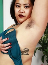 Enjoy hairy Asian pussy and armpits by mature woman