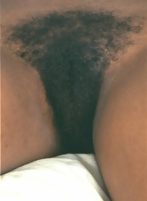 Charming ebony girl plays with her black hairy pussy
