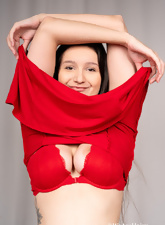 Brunette Hairy Pussy Red Lingerie Pics