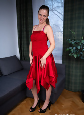 Hairy Brunette Red Dress Striptease Gallery