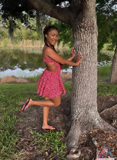 Babe In Pink Dress And Bikini Outdoor