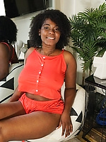 Naked ebony beauty with natural tits, bush and big booty in bold solo tease